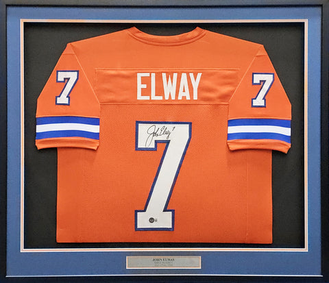 BRONCOS JOHN ELWAY AUTOGRAPHED FRAMED ORANGE JERSEY BECKETT WITNESS 221134