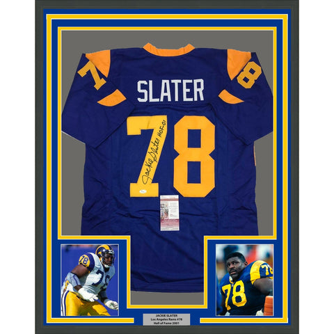 Framed Autographed Jackie Slater 35x39 HOF 01 LA Retro Blue Jersey JSA COA