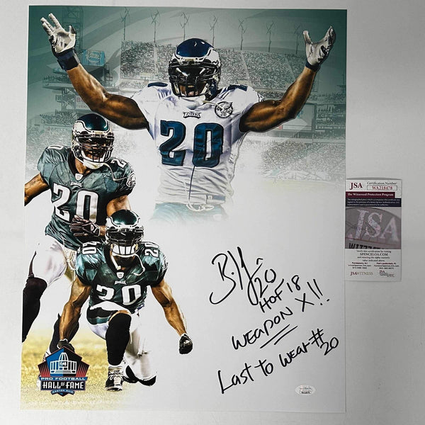 Signed Brian Dawkins 3x Inscribed HOF 18 Last To Wear #20 16x20 Photo JSA COA