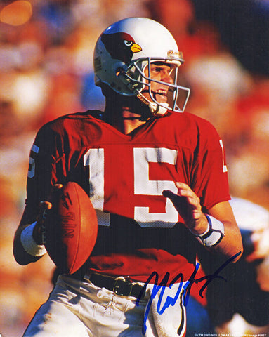 Neil Lomax Signed Cardinals Red Jersey Action 8x10 Photo (In Blue)(SCHWARTZ COA)
