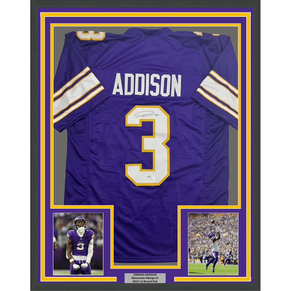 Framed Autographed/Signed Jordan Addison 35x39 Purple ALT Jersey JSA COA