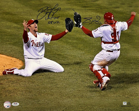 Brad Lidge Carlos Ruiz Signed Phillies 08 World Series Photo 2 Last Out PSA/DNA