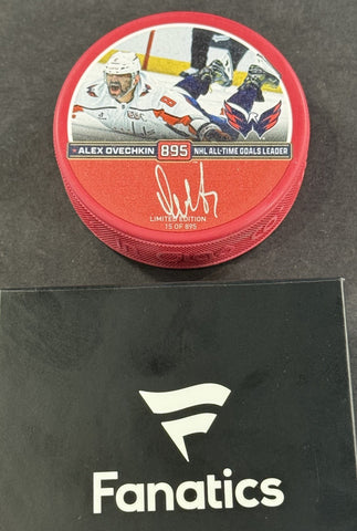 Alexander Ovechkin Signed Capitals 895 Record Goal Logo Puck Auto Fanatics Coa
