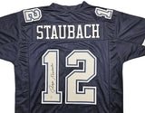 COWBOYS ROGER STAUBACH AUTOGRAPHED NAVY BLUE JERSEY BECKETT WITNESS 212671