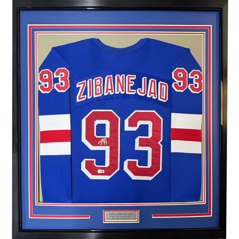 Framed Autographed/Signed Mika Zibanejad 35x39 New York Blue Jersey BAS COA