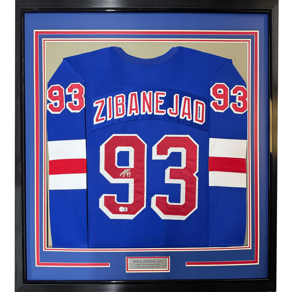 Framed Autographed/Signed Mika Zibanejad 35x39 New York Blue Jersey BAS COA
