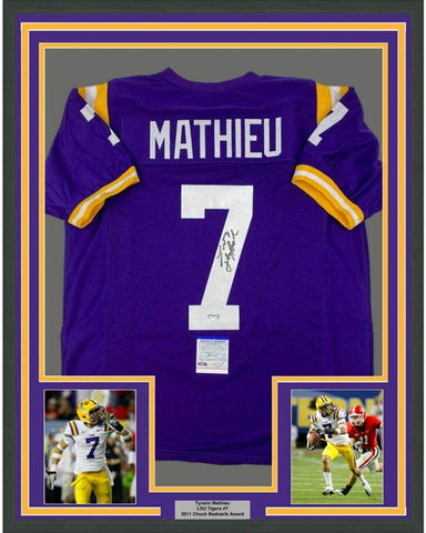 FRAMED Autographed/Signed TYRANN MATHIEU Honey Badger 33x42 LSU Jersey PSA COA