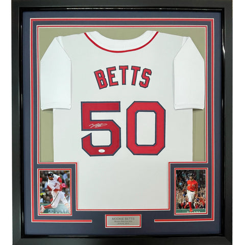 Framed Autographed/Signed Mookie Betts 33x42 Boston White Jersey JSA COA