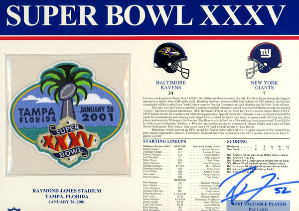 Ray Lewis Autographed Baltimore Ravens SB XXXV Patch Stat Card Beckett 54956