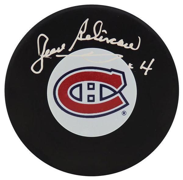 Jean Beliveau Signed Montreal Canadiens Team Logo Hockey Puck - (BECKETT COA)