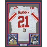 FRAMED Autographed/Signed TIKI BARBER 33x42 New York White Jersey JSA COA