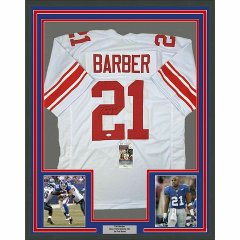 FRAMED Autographed/Signed TIKI BARBER 33x42 New York White Jersey JSA COA