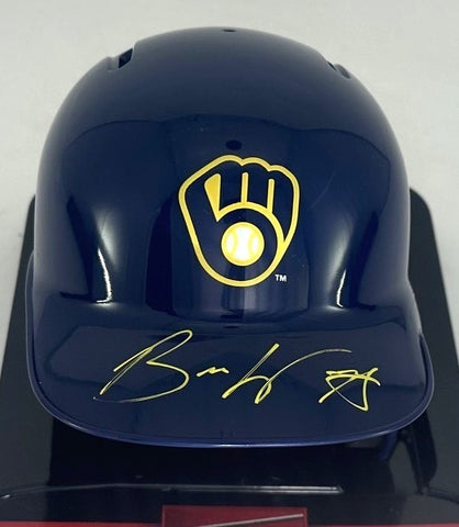 Milwaukee Brewers BRANDON WOODRUFF Signed Rawlings BLUE Mini Helmet AUTO - BAS