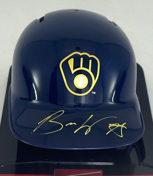 Milwaukee Brewers BRANDON WOODRUFF Signed Rawlings BLUE Mini Helmet AUTO - BAS