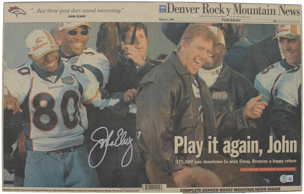 John Elway Signed Rocky Mountain News Cover 14"x22" Wood Sign BAS 44299