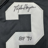 Autographed/Signed Michael Haynes HOF 97 Oakland Black Jersey Beckett BAS COA