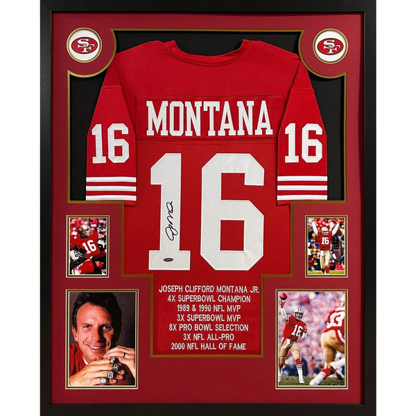Joe Montana Autographed Signed Framed Stat Red San Fran 49ers Jersey TRISTAR