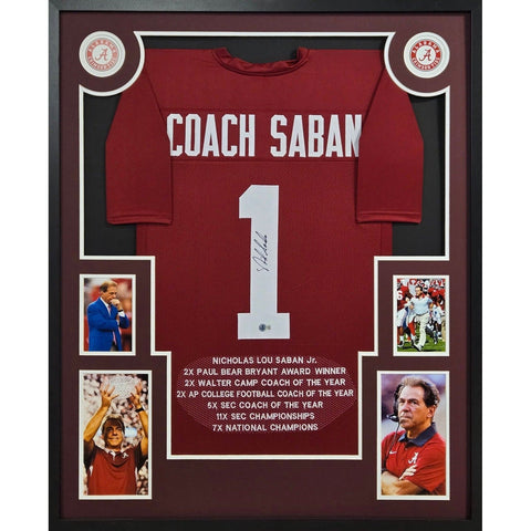 Nick Saban Stat Autographed Signed Framed Alabama 7X Jersey BECKETT
