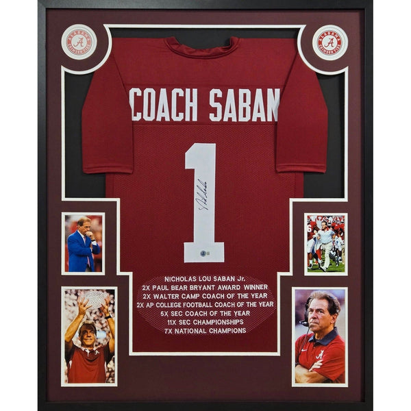 Nick Saban Stat Autographed Signed Framed Alabama 7X Jersey BECKETT