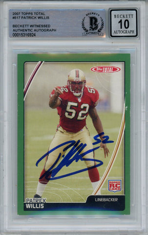 Patrick Willis Signed 2007 Topps Total #517 Rookie Card Beckett 10 Slab 38717