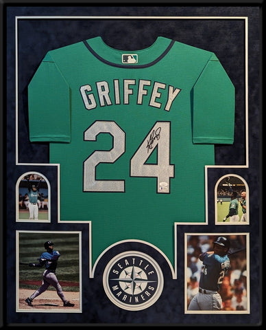SUEDE FRAMED SEATTLE MARINERS KEN GRIFFEY JR AUTOGRAPHED JERSEY JSA CERT LETTER