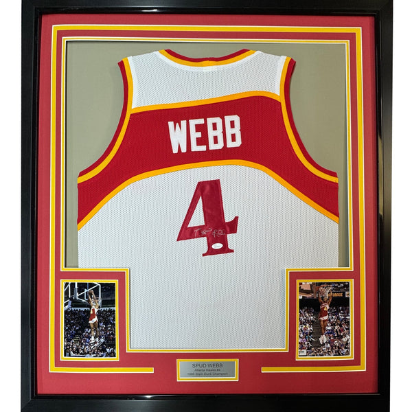 FRAMED Autographed/Signed SPUD WEBB 35x39 Atlanta White Jersey JSA COA Auto