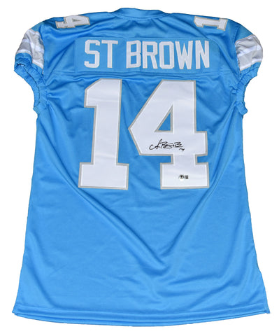 AMON-RA ST BROWN SIGNED DETROIT LIONS #14 2024 BLUE GAME CUT JERSEY BECKETT