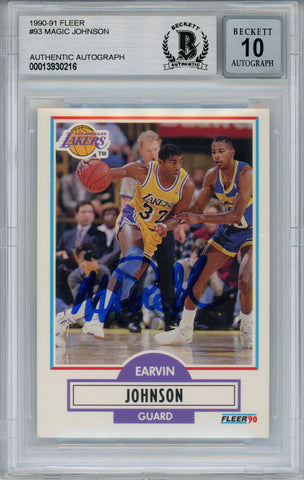 Magic Johnson Autographed 1990-91 Fleer #93 Trading Card Beckett 10 Slab 37818