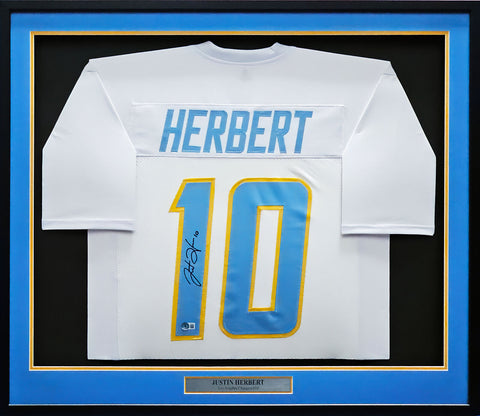 LOS ANGELES CHARGERS JUSTIN HERBERT AUTOGRAPHED FRAMED WHITE JERSEY BECKETT