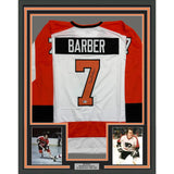 Framed Autographed/Signed Bill Barber 35x39 White Hockey Jersey BAS COA