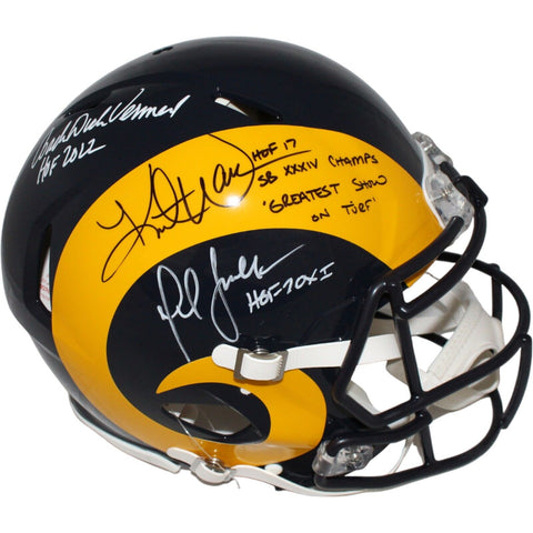 Kurt Warner Marshall Faulk Dick Vermiel LA Rams TB Pro Helmet Beckett 42259