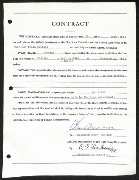 Biggie Munn HOF Michigan State Head Coach Signed/Auto Contract JSA BA199638