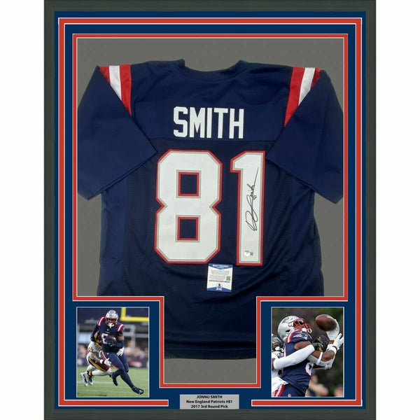 FRAMED Autographed/Signed JONNU SMITH 33x42 Blue Football Jersey Beckett COA