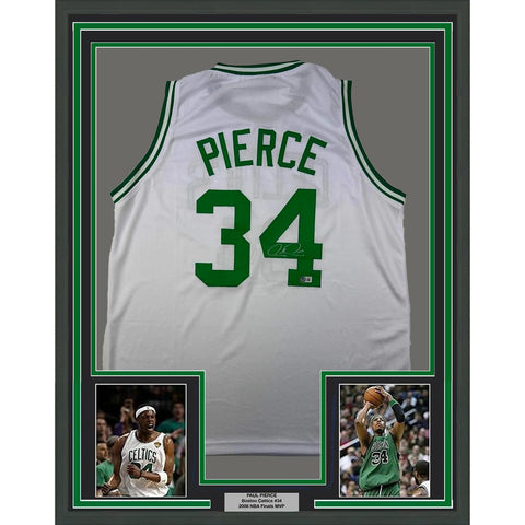 Framed Autographed/Signed Paul Pierce 33x42 Boston White Jersey Beckett BAS COA