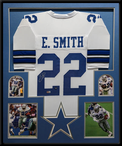 FRAMED DALLAS COWBOYS EMMITT SMITH AUTOGRAPHED SIGNED JERSEY BECKETT HOLO