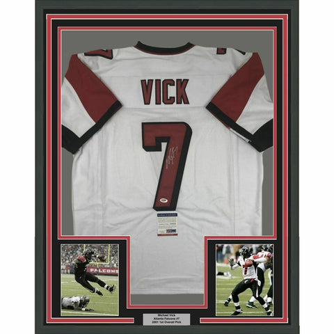 FRAMED Autographed/Signed MICHAEL MIKE VICK 33x42 Atlanta White Jersey PSA COA