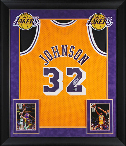 Lakers Magic Johnson Signed 1984-85 M&N HWC Swingman Yellow Framed Jersey BAS W