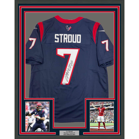 Framed Autographed/Signed C.J CJ Stroud 35x39 Blue Nike LTD Jersey Fanatics COA