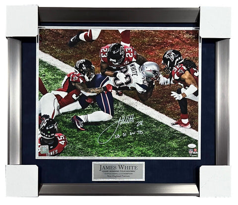 James White Patriots Signed SB LI GW TD Inscribe 16x20 Matted & Framed Photo JSA