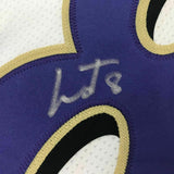 FRAMED Autographed/Signed LAMAR JACKSON 33x42 Baltimore White Jersey JSA COA