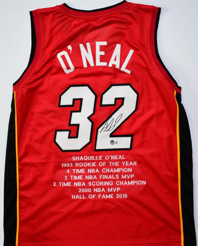 Shaquille O'Neal Autographed Red Miami Pro Style Stat Jersey - Beckett W Holo