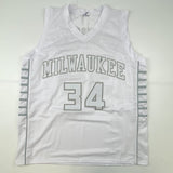 Autographed/Signed Giannis Antetokounmpo Milwaukee White Ice Basketball Jersey J