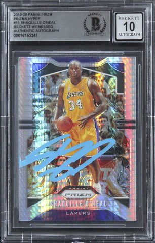 Lakers Shaquille O'Neal Signed 2019 Panini Prizm Hyper #11 Card Auto 10 BAS Slab