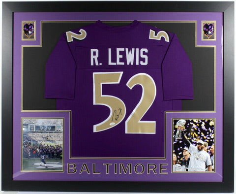 Ray Lewis Signed Baltimore Ravens 35x43 Custom Framed Purple Jersey (JSA COA)
