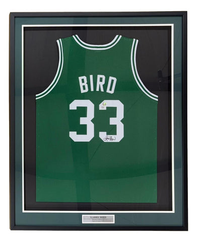 Larry Bird Boston Signed Framed Green Basketball Jersey Bird+PSA/DNA