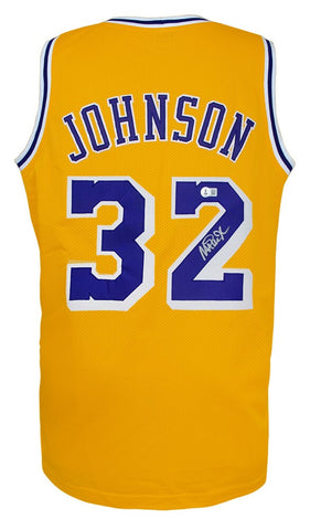 Magic Johnson Signed Gold T/B Custom Basketball Jersey - (Beckett COA)