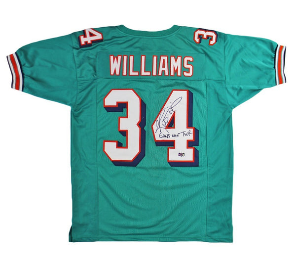 Ricky Williams Signed Miami Custom Teal Jersey with "Grass Over Turf" Inscriptio