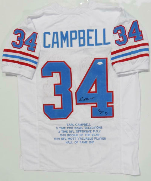 Earl Campbell Autographed White Pro Style Stat-1 Jersey With HOF- JSA W *Black