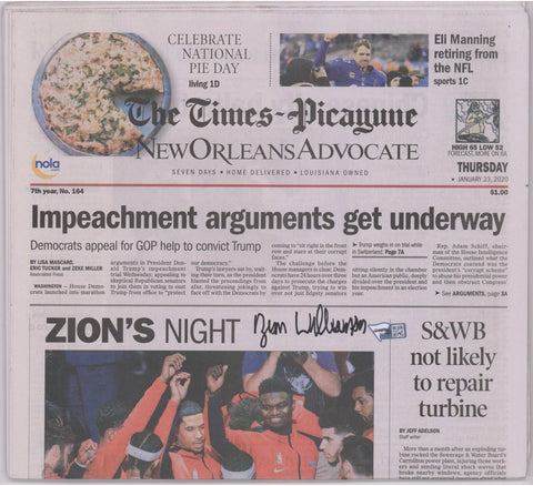 Zion Williamson Pelicans Signed Times-Picayune Newspaper From Day After Debut