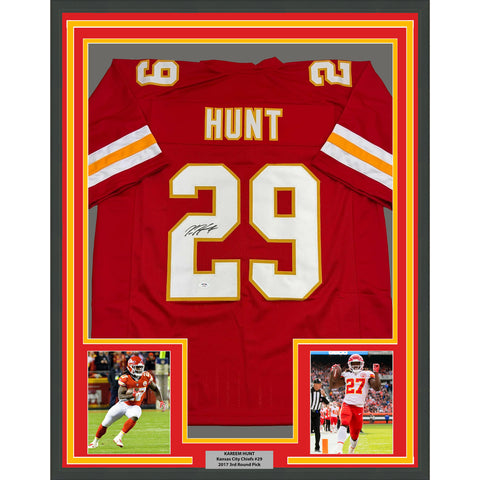 Framed Autographed/Signed Kareem Hunt 35x39 Kansas City Red Jersey PSA COA